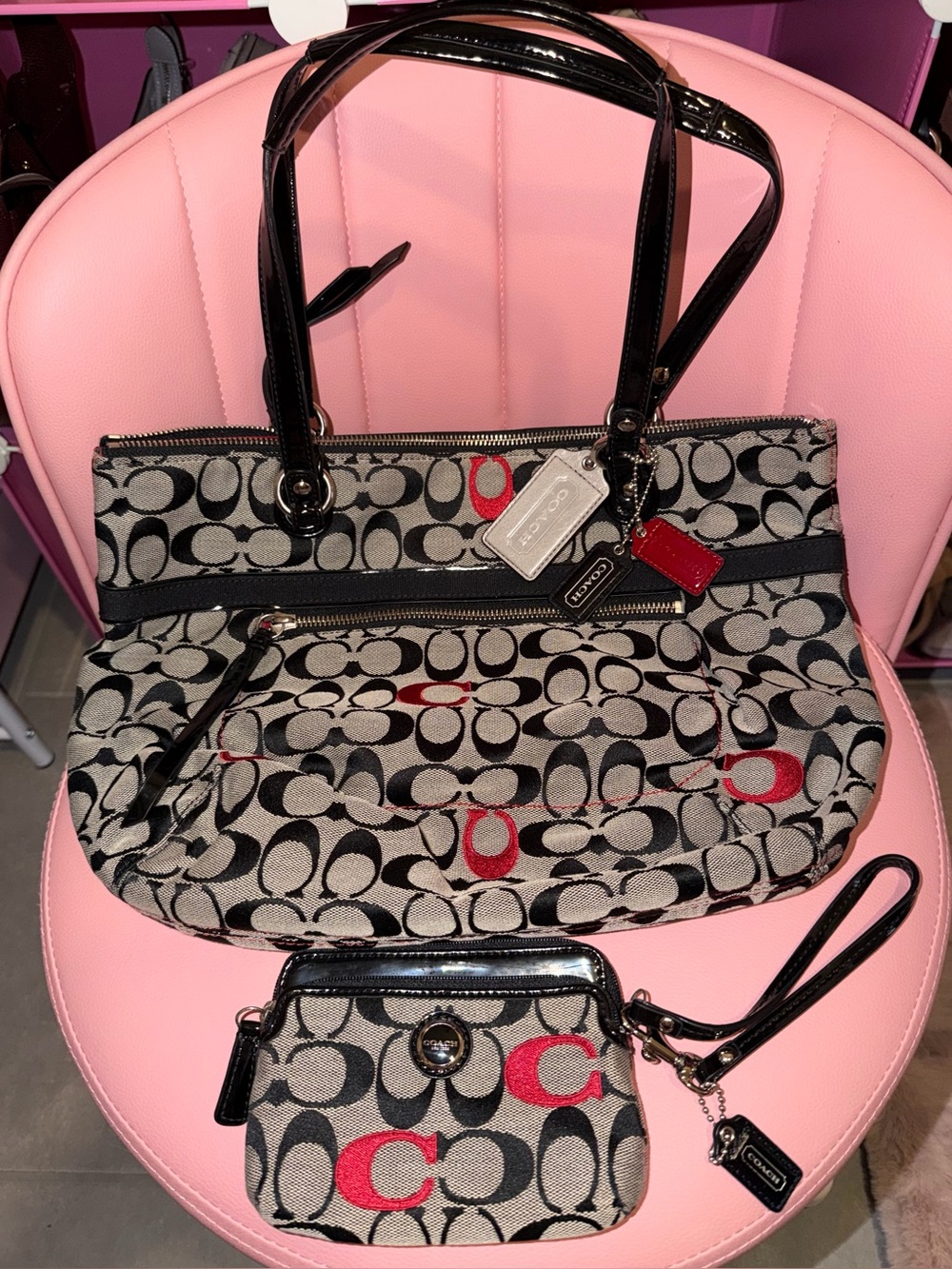 Coach Poppy Signature Canvas Tote and Wristlet in Black and Red